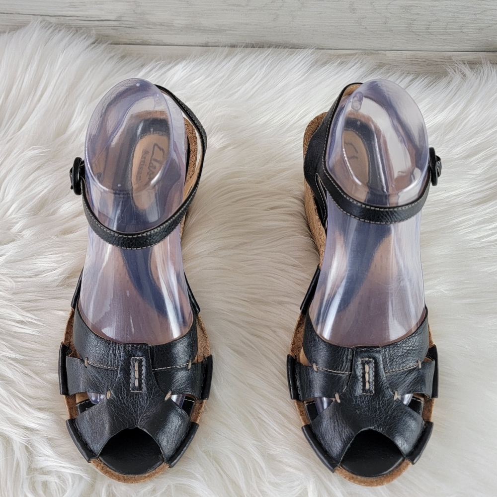 Clarks Artisan Black Leather Peep Toe Cork Wedge Sandals Women's Size 8½ - Picture 6 of 16